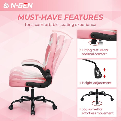 Silla Gaming Ergonómica Rosa Con Soporte Lumbar Ajustable Brazos Abatibles de Cuero PU