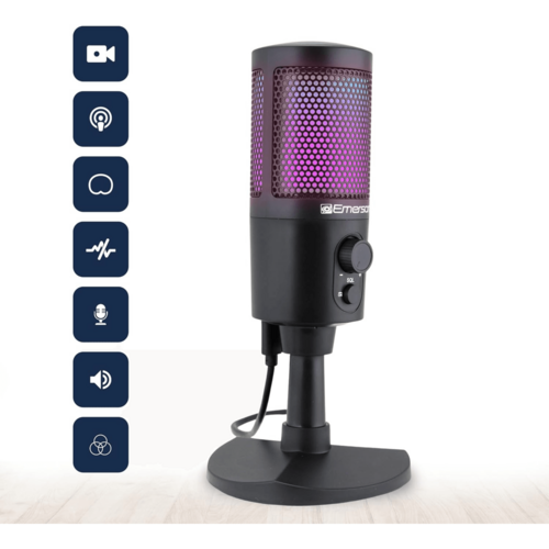 Micrófono Emerson USB para juegos y streaming con iluminación RGB para voz con calidad de estudio