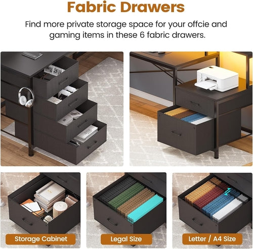 Black L Shaped Desk With 6 Drawers And File Cabinet