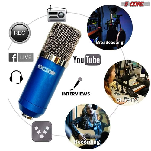 5Core Micrófono para Pódcast Todo en Uno Kit Profesional Condensador Diafragma Grande con Filtro Antipop, Soporte Antichoque, Trípode