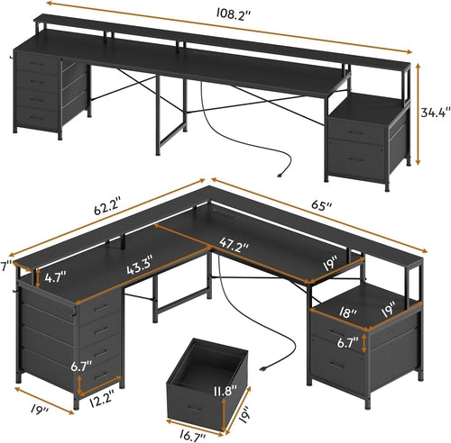 Black L Shaped Desk With 6 Drawers And File Cabinet