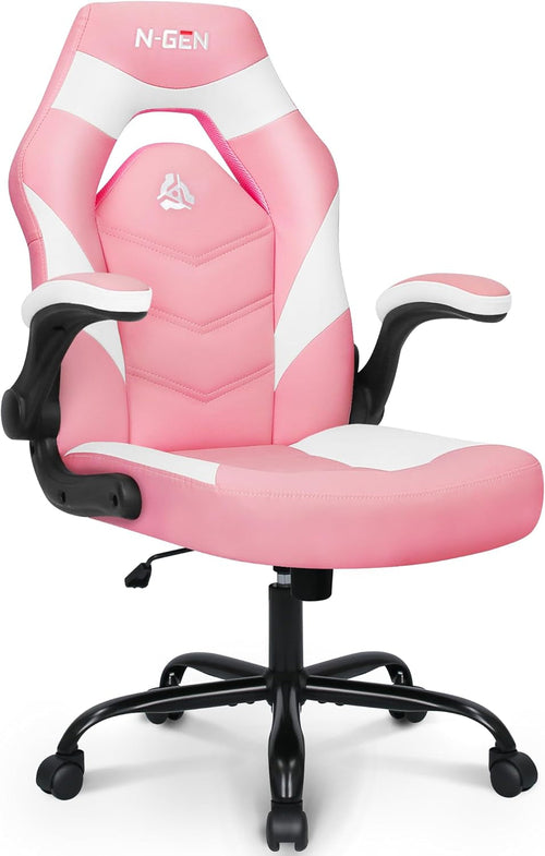 Silla Gaming Ergonómica Rosa Con Soporte Lumbar Ajustable Brazos Abatibles de Cuero PU