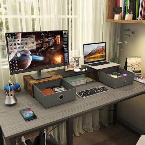 Soporte Elevador Ergonómico Doble Para Monitor Con Dos Cajones Para Una Cómoda Organización Del Espacio De Trabajo