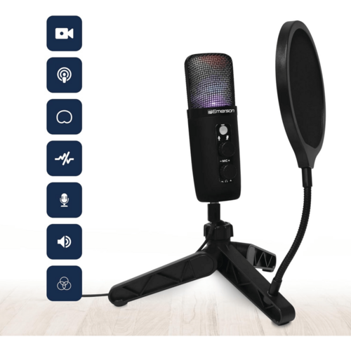 Micrófono de condensador USB Emerson para juegos y streaming con iluminación LED y tecnología de cancelación de ruido