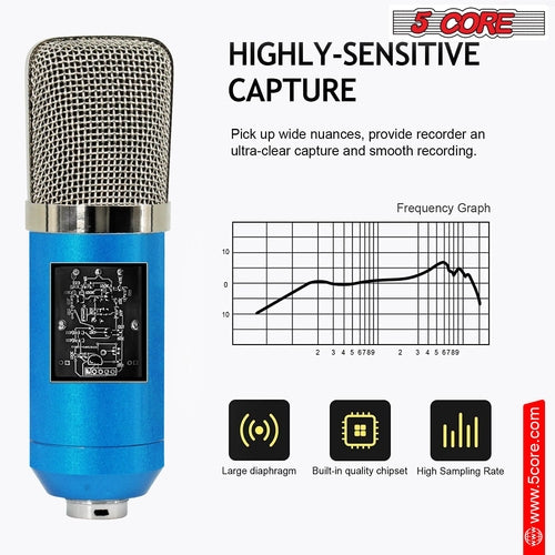 5Core Micrófono para Pódcast Todo en Uno Kit Profesional Condensador Diafragma Grande con Filtro Antipop, Soporte Antichoque, Trípode