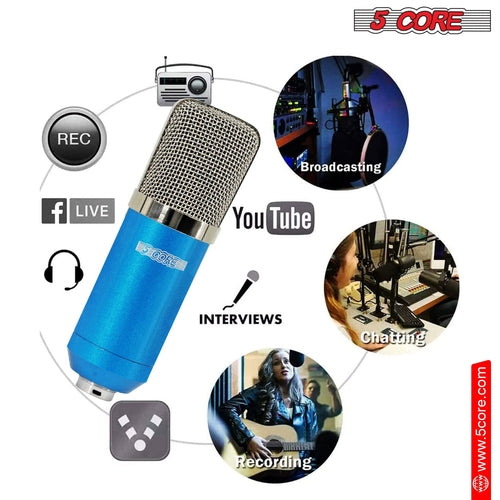 5Core Micrófono para Pódcast Todo en Uno Kit Profesional Condensador Diafragma Grande con Filtro Antipop, Soporte Antichoque, Trípode