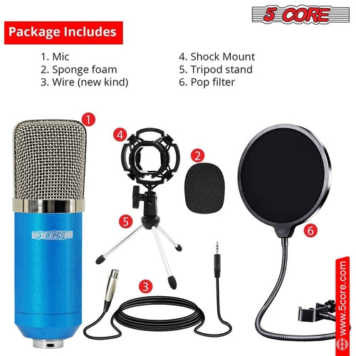 5Core Micrófono para Pódcast Todo en Uno Kit Profesional Condensador Diafragma Grande con Filtro Antipop, Soporte Antichoque, Trípode