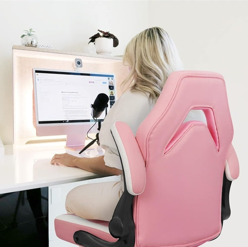 Silla Gaming Ergonómica Rosa Con Soporte Lumbar Ajustable Brazos Abatibles de Cuero PU