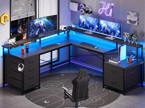 Black L Shaped Desk With 6 Drawers And File Cabinet