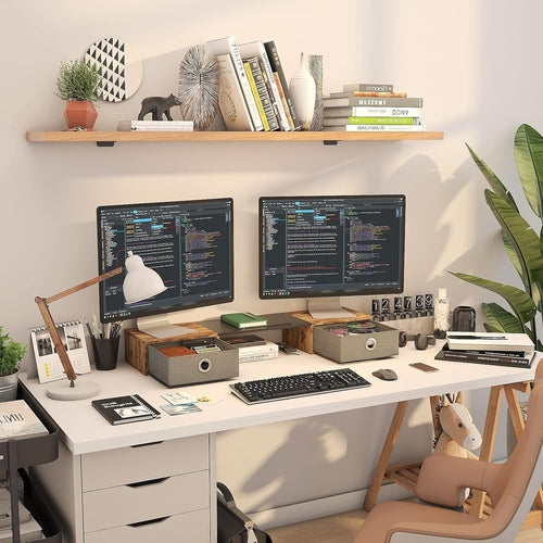 Soporte Elevador Ergonómico Doble Para Monitor Con Dos Cajones Para Una Cómoda Organización Del Espacio De Trabajo