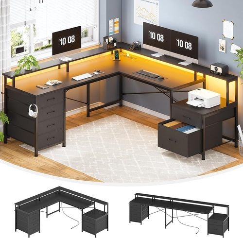Black L Shaped Desk With 6 Drawers And File Cabinet
