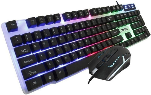 Paquete de teclado y ratón Jedel GK100 blanco para juegos, con cable USB, teclado retroiluminado RGB de 104 teclas con teclas multimedia
