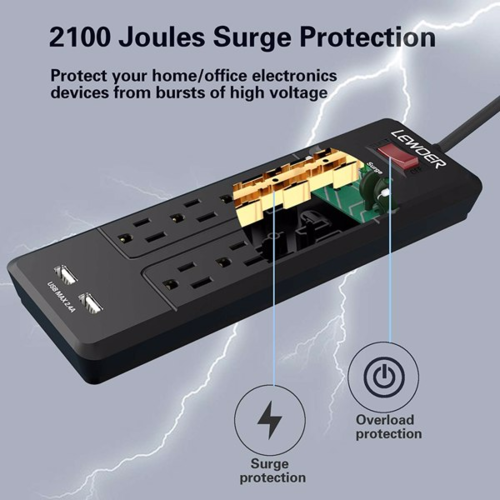 Regleta con 8 tomas de CA y 2 puertos de carga USB