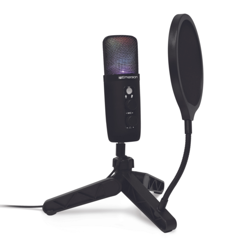 Micrófono de condensador USB Emerson para juegos y streaming con iluminación LED y tecnología de cancelación de ruido