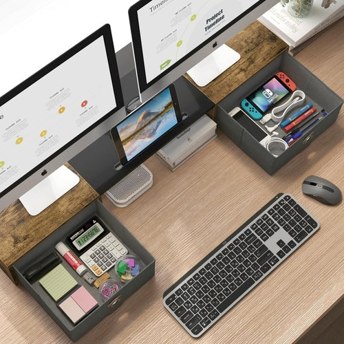Soporte Elevador Ergonómico Doble Para Monitor Con Dos Cajones Para Una Cómoda Organización Del Espacio De Trabajo