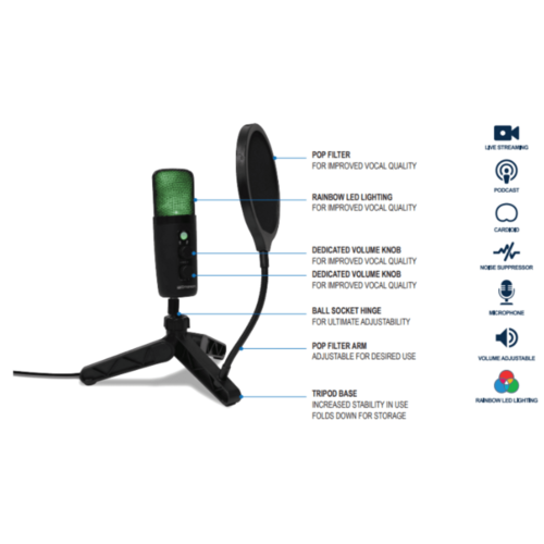 Micrófono de condensador USB Emerson para juegos y streaming con iluminación LED y tecnología de cancelación de ruido